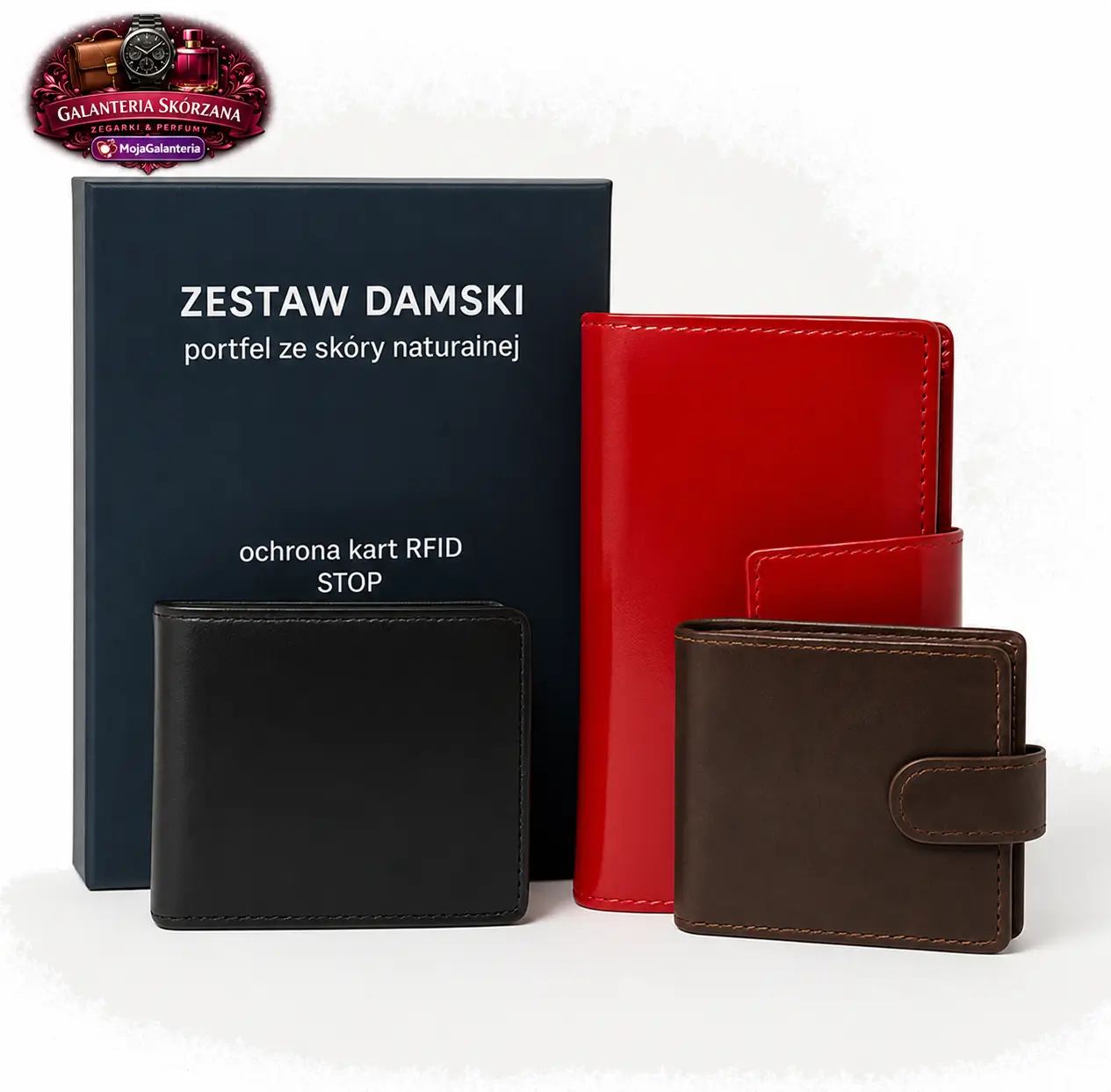 Zestaw Damski portfel ze skóry naturalnej Peterson + PORTFEL Damski skórzany Z211416 RED + Mały portfel Peterson męski z eko skóry